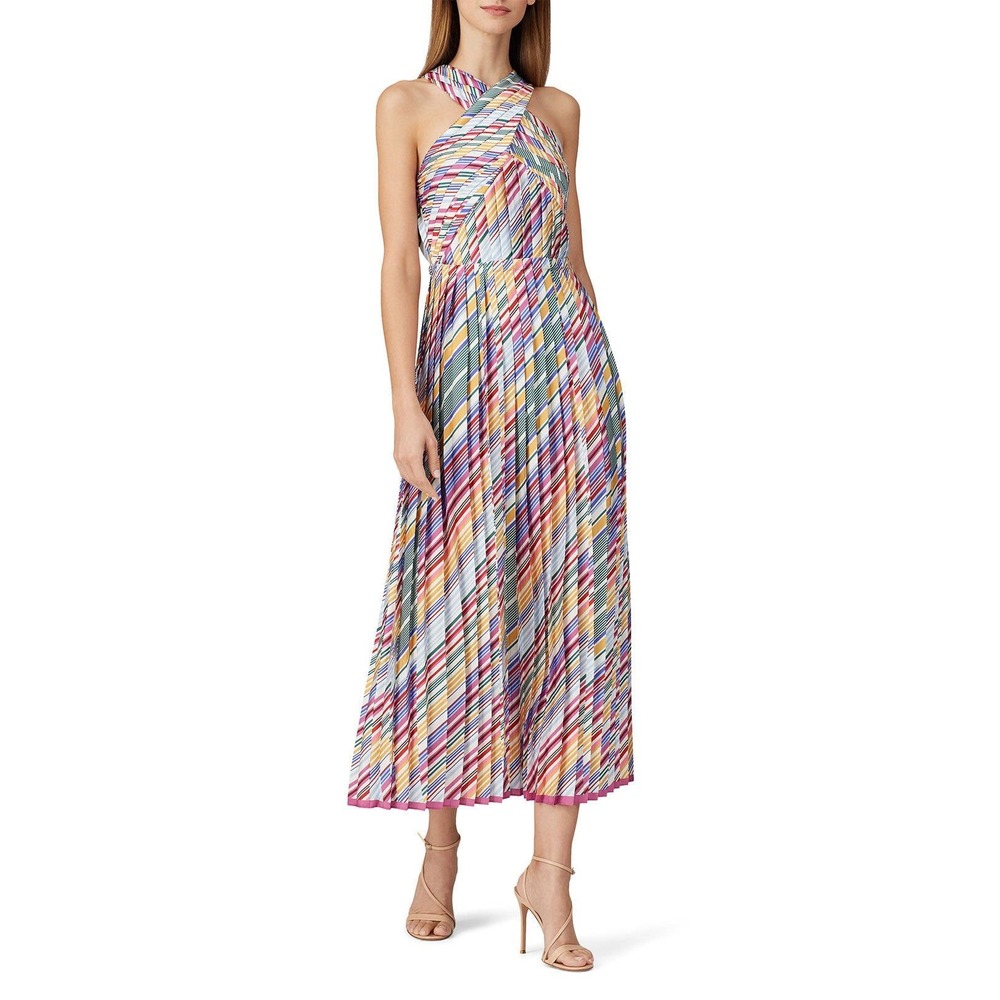 ML Monique Lhuillier Rainbow Stripe Pleated Halter Midi Dress 0